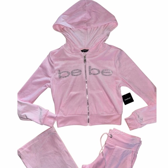 NEW! BEBE Bling Velour Rhinestone Logo Tracksuit Set Lace Pink Size M - Picture 1 of 5